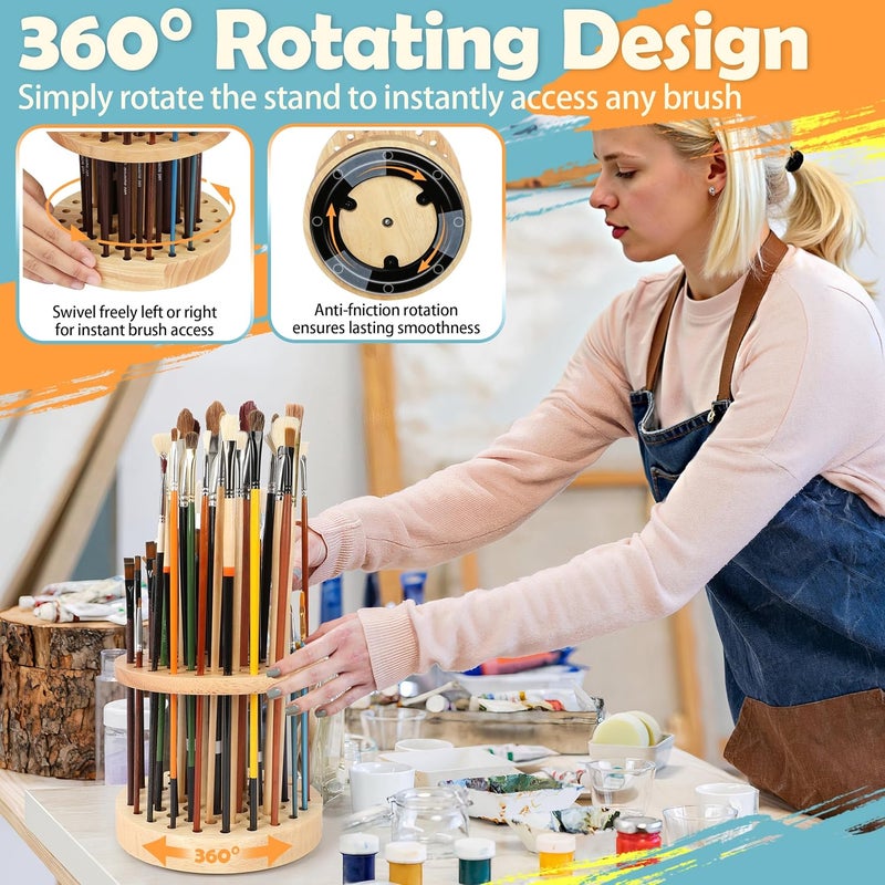 Dlicoda 52 Holes Paint Brush Holder, 360° Rotating Paint Brush Organizer, Hardwood Storage Stand Rack for Artists Brushes, Crafts Tools, Makeup Brush, Calligraphy Pens - Image 3